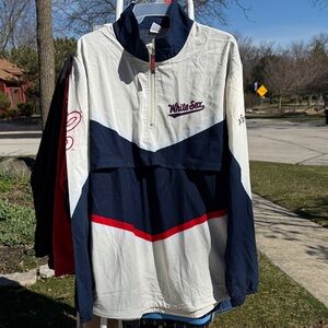 Navy & White Pullover Windbreaker with Red Accent